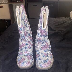 Old West Kids Boots with Blue and Purple Floral Design